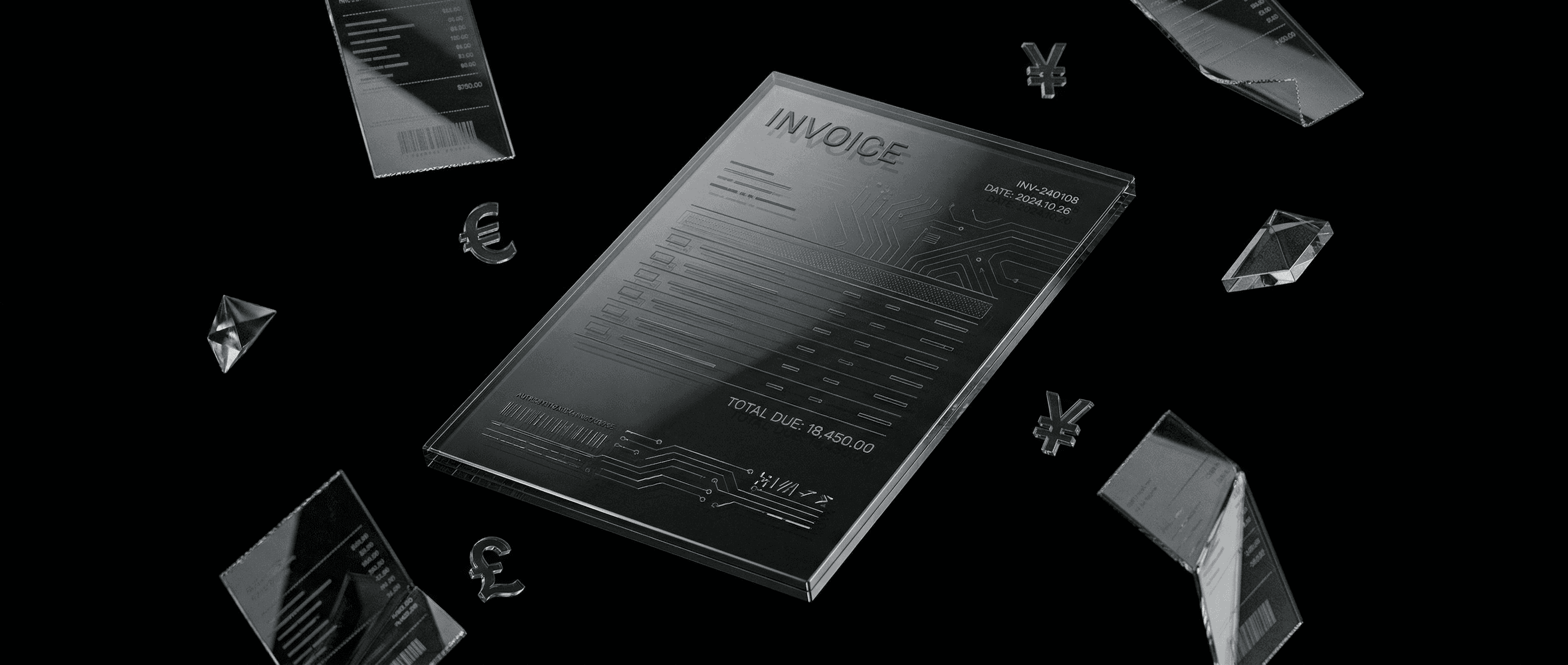 Abstracte geometrische vormen die AI factuur maken en geautomatiseerde documentverwerking visualiseren