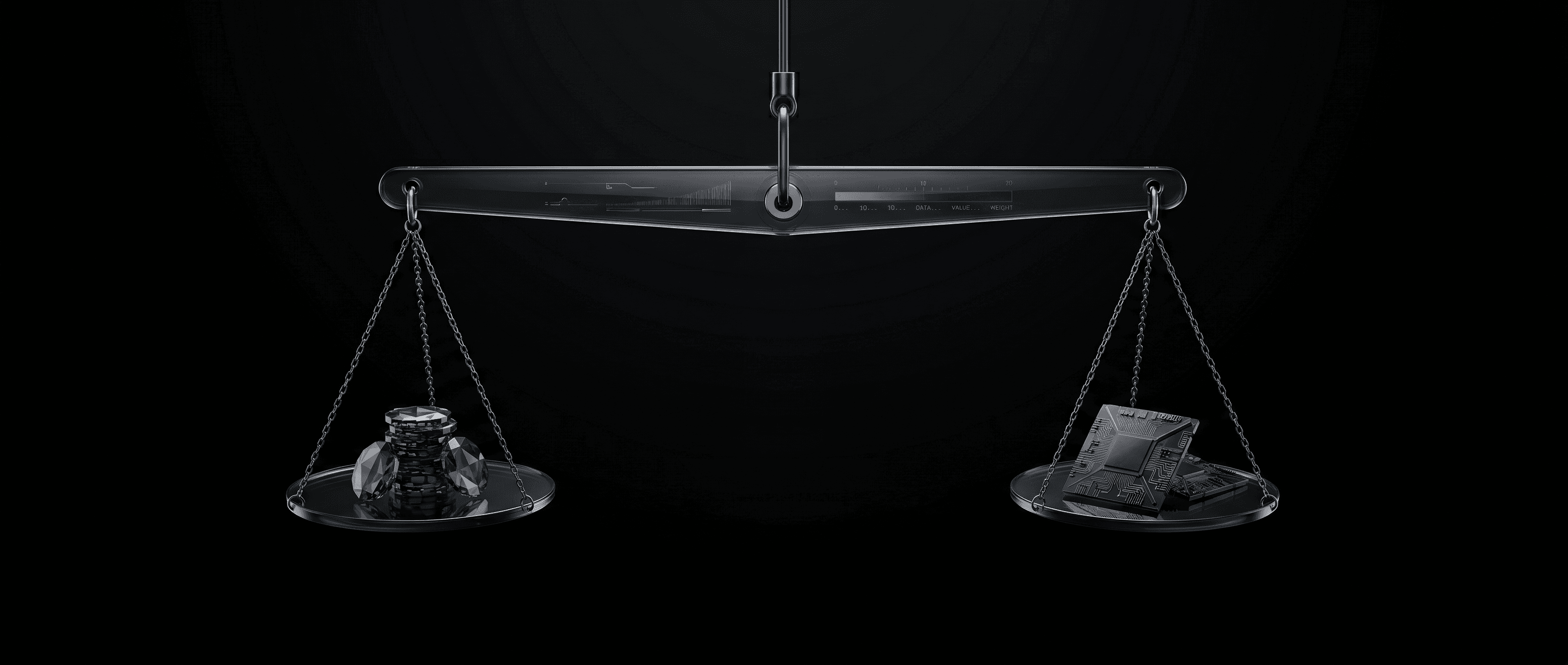 Abstracte geometrische vormen die de kostenafweging van AI implementatie visualiseren